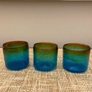 Artisan Aqua and Amber Hand Blown 8 oz Drink Tumblers/Votive Candle Holders